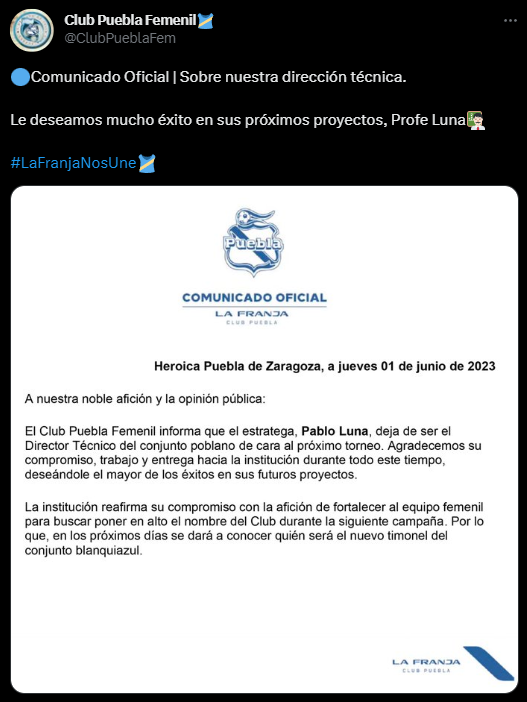 Comunicado oficial de Puebla femenil respecto a la situación de Pablo Luna.